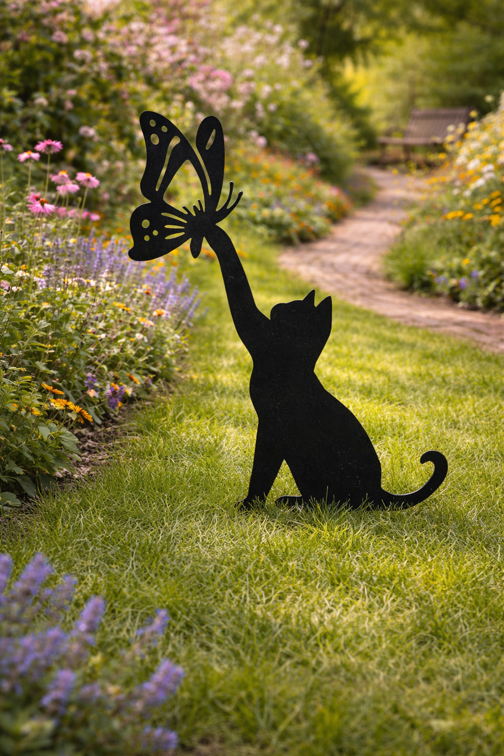 Rust Patina Metal Cat & Butterfly Lawn Ornament