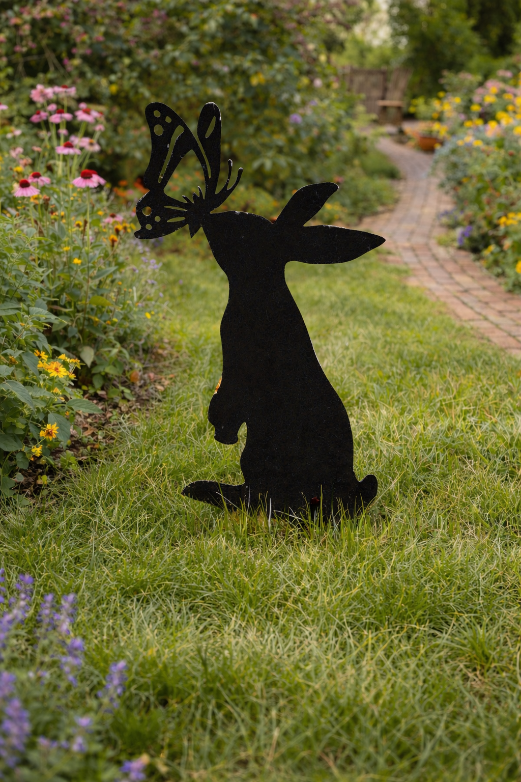 Rust Patina Metal Rabbit & Butterfly Lawn Ornament