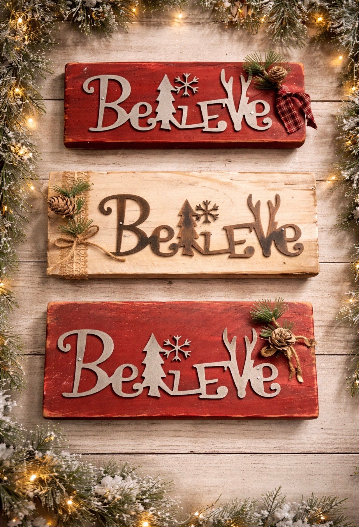 “Believe” Christmas Wood & Metal Sign – Rustic Holiday Wall Décor