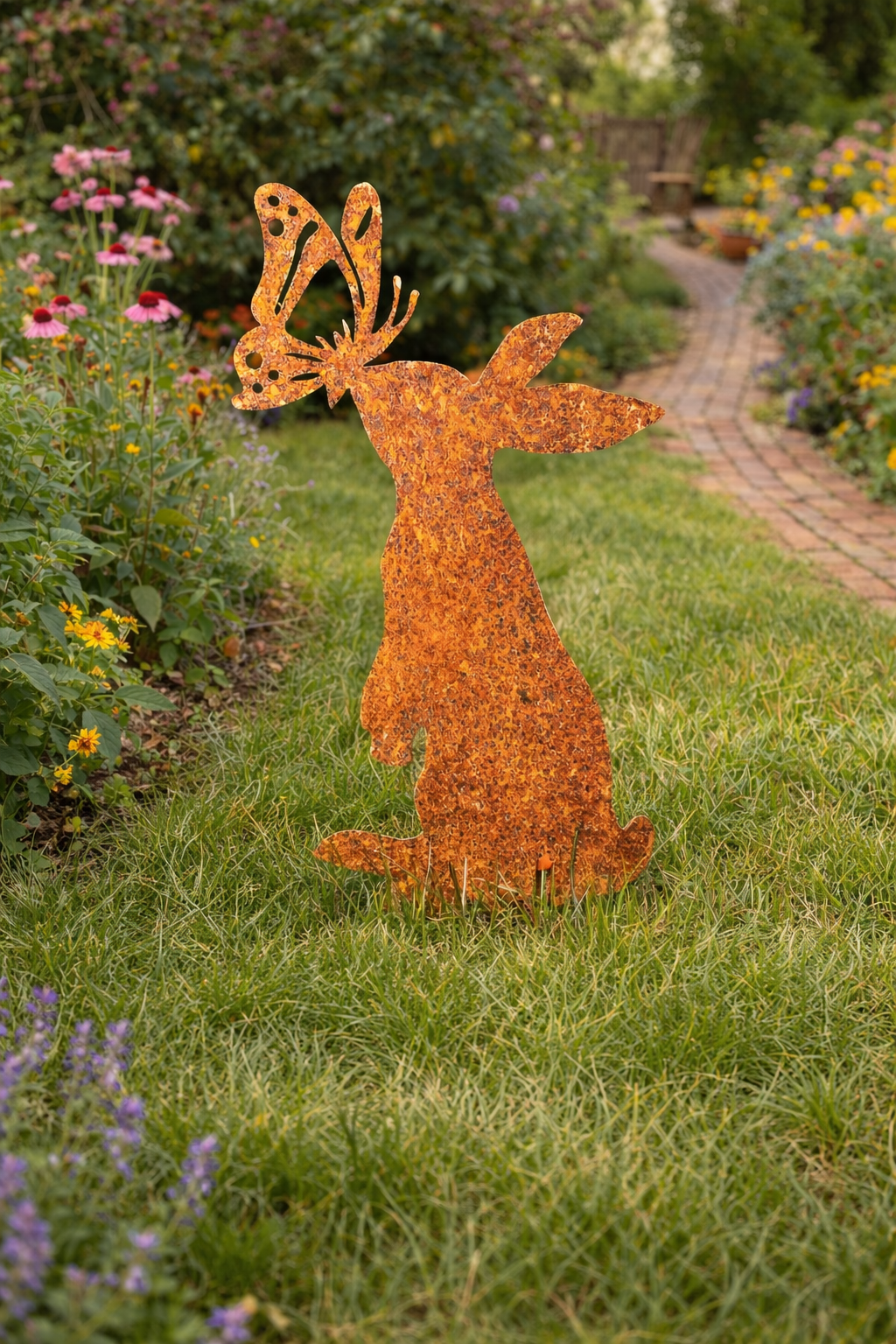 Rust Patina Metal Rabbit & Butterfly Lawn Ornament
