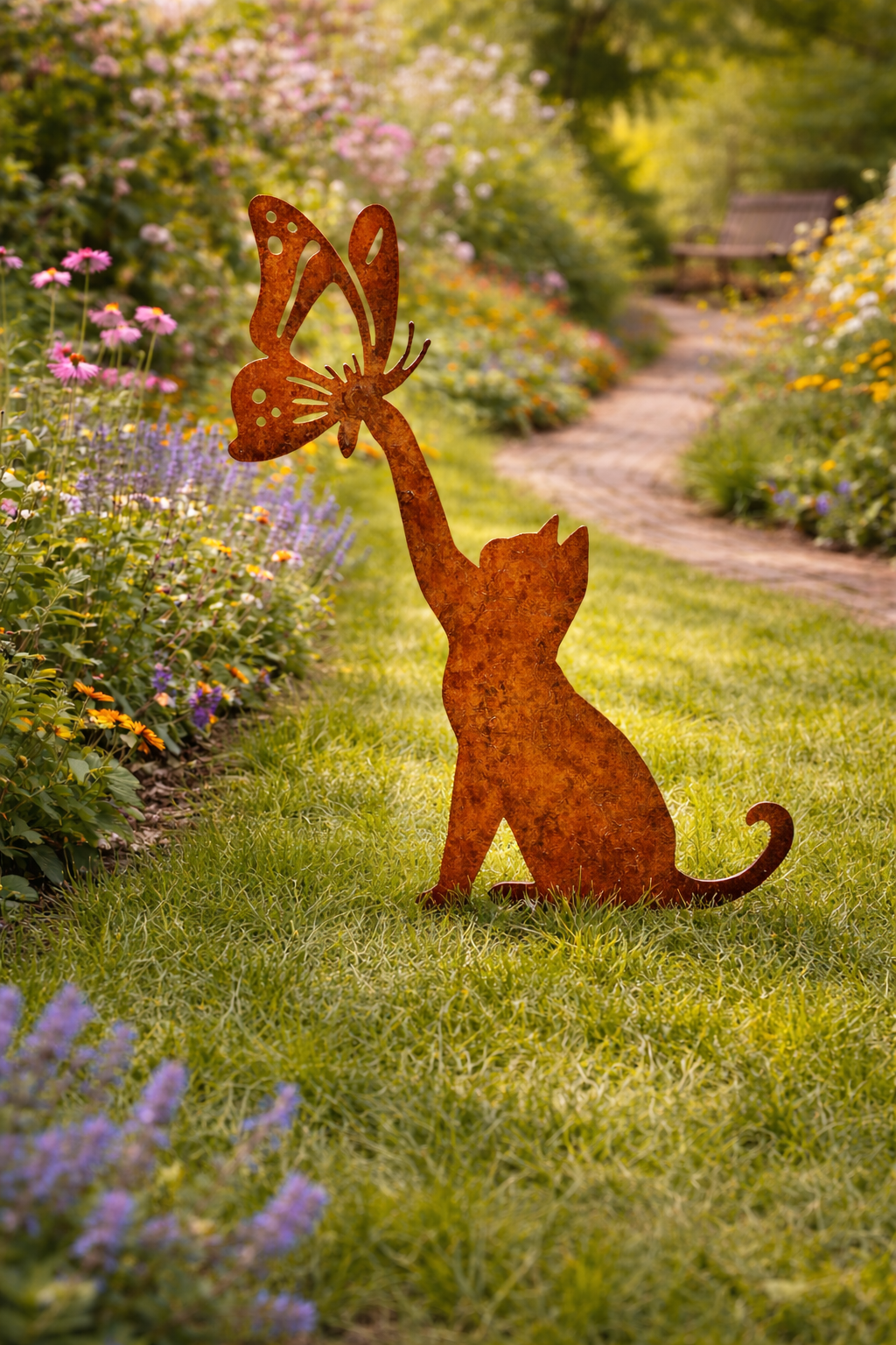 Rust Patina Metal Cat & Butterfly Lawn Ornament