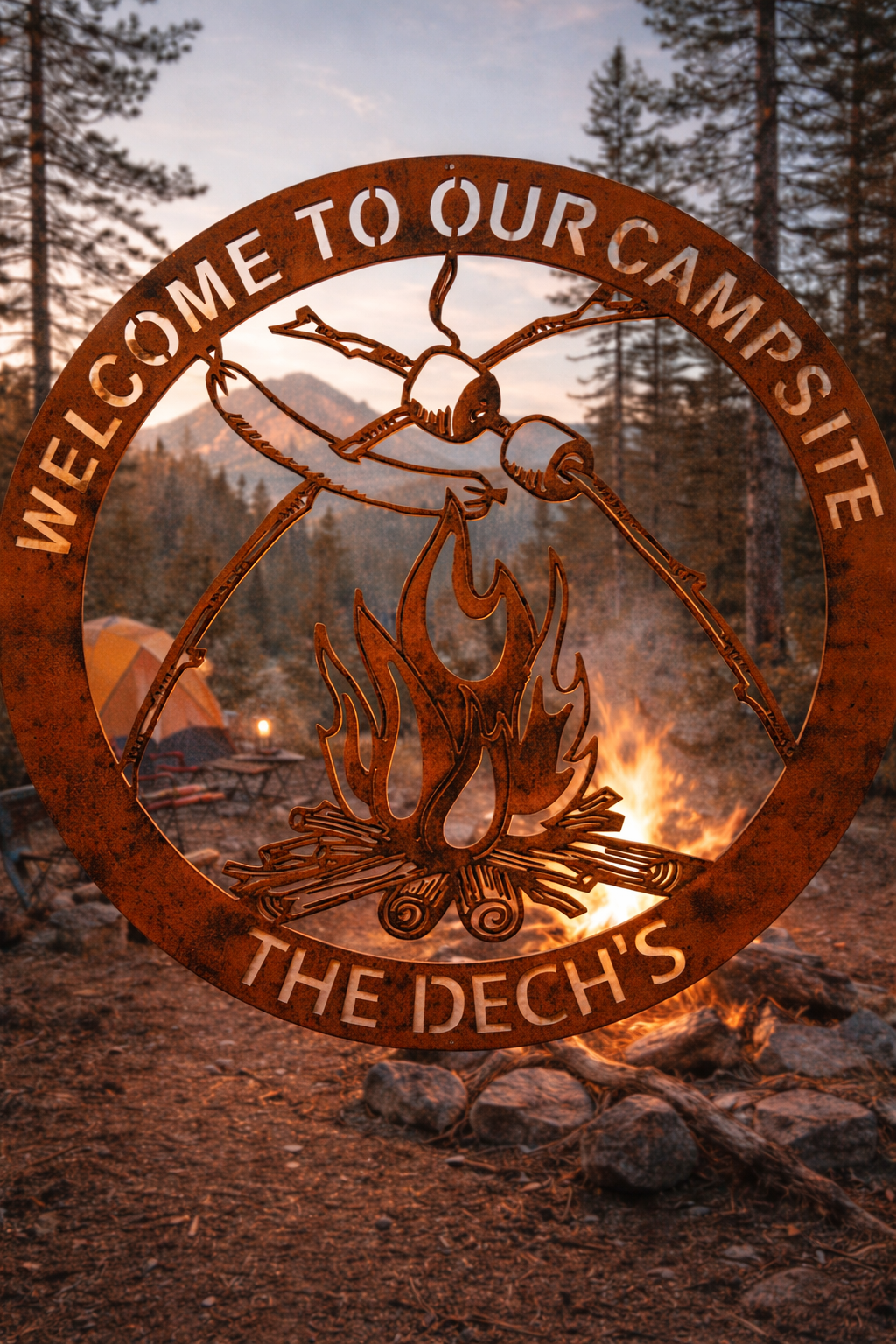 “Welcome to Our Campsite” Metal Campfire Sign – Custom Outdoor Camping Décor