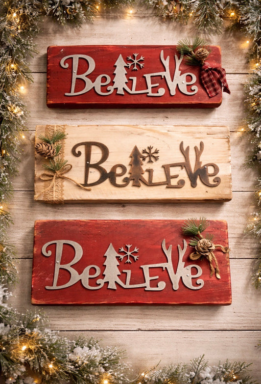 “Believe” Christmas Wood & Metal Sign – Rustic Holiday Wall Décor