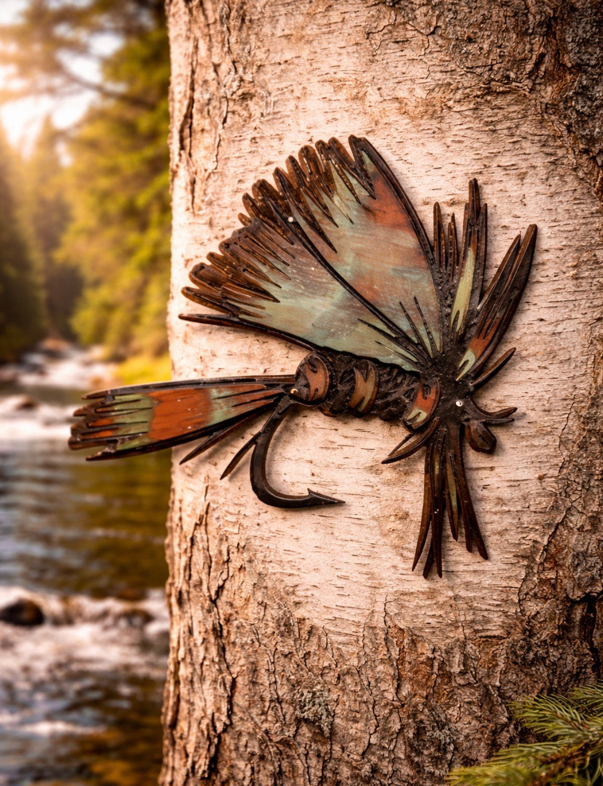 One-of-a-Kind Patina Metal Fly Fishing Lure Wall Art