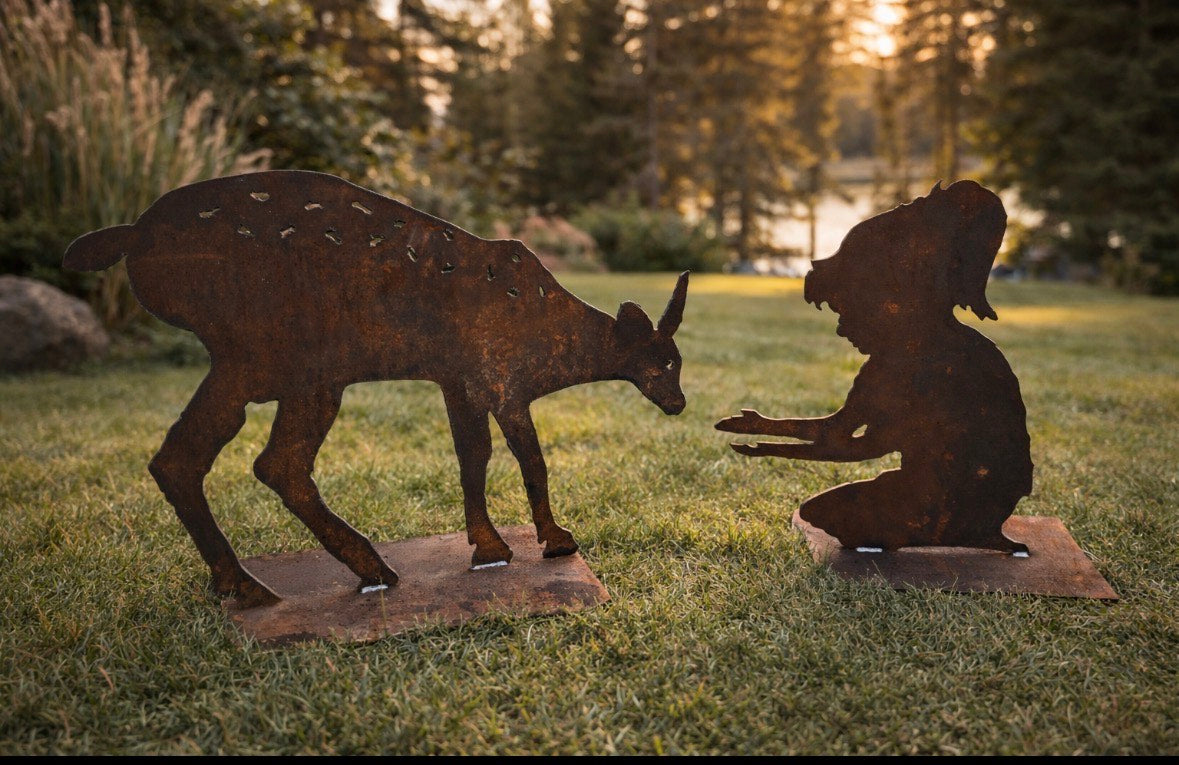 Deer & Little Girl Metal Yard Art Set – Hand-Patina Steel Silhouettes