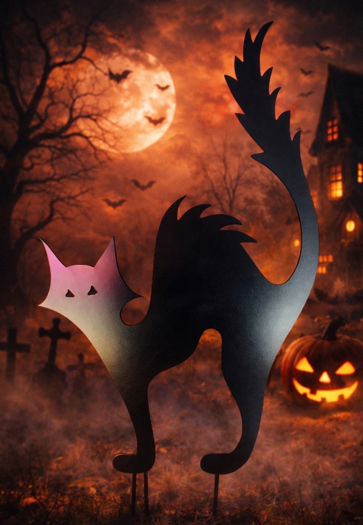 Black Cat Metal Yard Art – 16” x 12” Halloween Lawn Décor