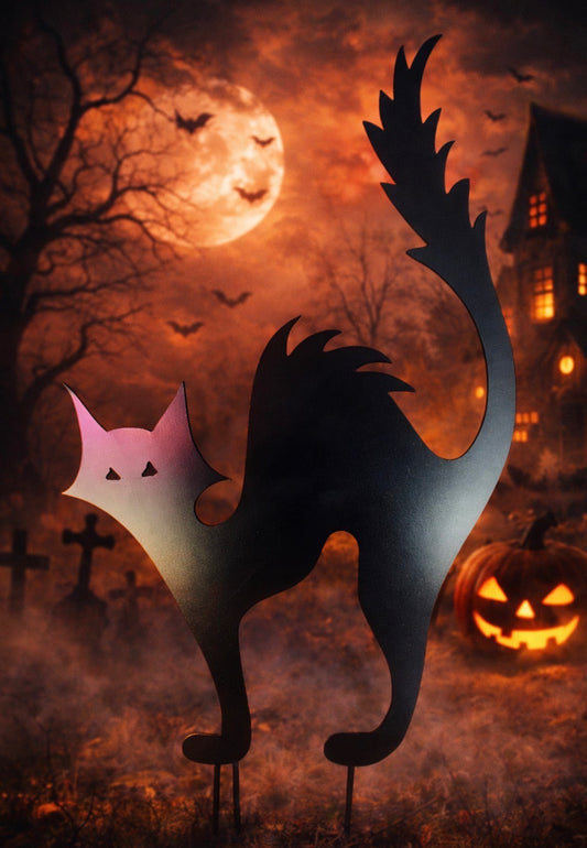 Black Cat Metal Yard Art – 16” x 12” Halloween Lawn Décor