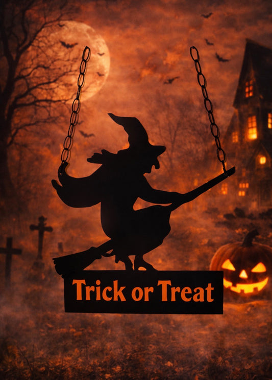 Witch “Trick or Treat” Metal Sign – 16” x 16” Halloween Hanging Décor