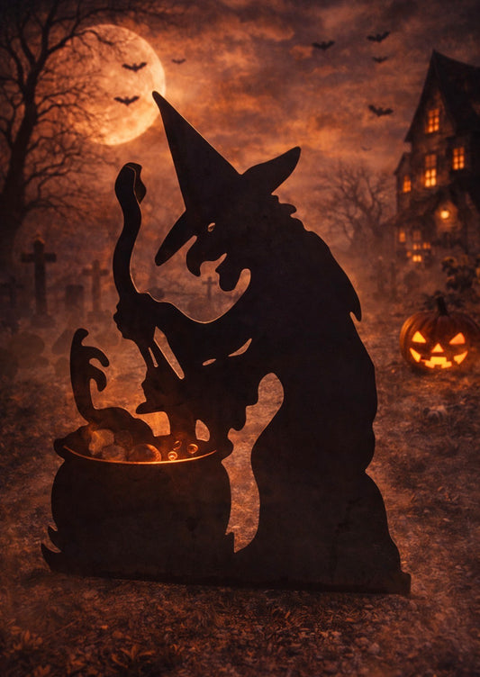 Witch Brewing Cauldron Metal Lawn Art – 36” x 24” Halloween Yard Silhouette