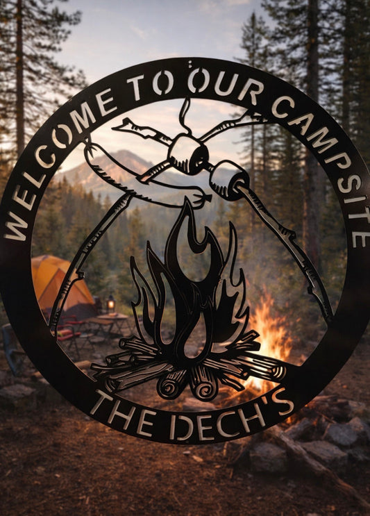 “Welcome to Our Campsite” Metal Campfire Sign – Custom Outdoor Camping Décor